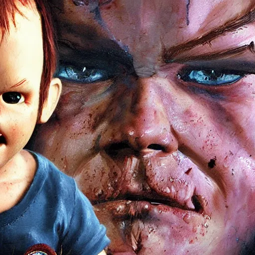 Prompt: chris pratt and the doll chucky, oil painting, by greg rutkowski