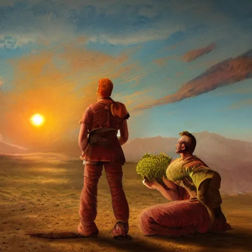 Image similar to giant fiery sun takes up most of the sky, two men look out over the horizon of a desert with plants on fire, highly detailed intricate matte painting