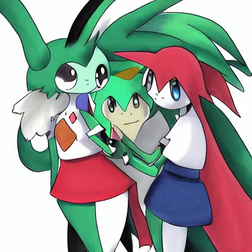 Prompt: advanced anime digital art, Pokemon female Gardevoir hugging their pokemon trainer by Ken Sugimori