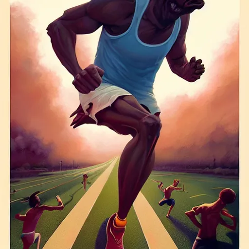 Image similar to cinematic painting of qwop!!!!!!!!!!!!!!!!! running down the trackby alvaro castagnet, peter mohrbacher and dan mumford, kinetic, motion, athletic, running