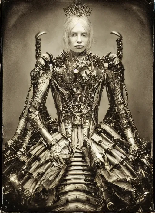 Image similar to old wetplate daguerreotype frame portrait of a futuristic silver armored queen elisabeth emperor district 9 cyborg, fractal, intricate, elegant, highly detailed, subsurface scattering, by jheronimus bosch and greg rutkowski and louis jacques mande daguerre