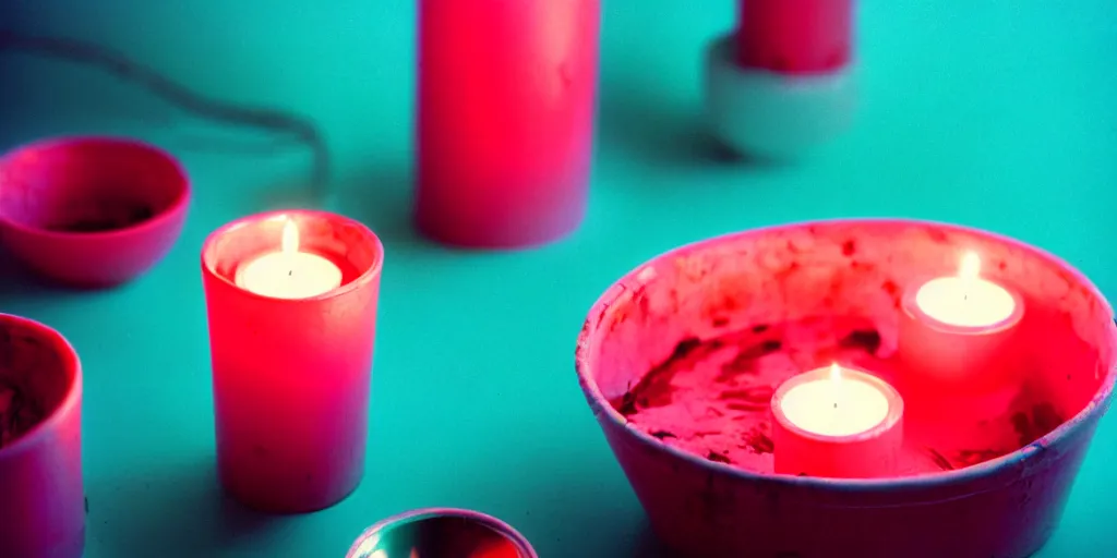 Prompt: macro of a vessel full of blood, it's in the corner of a room that's lit with candles, turquoise and pink lighting, 1980s, cinestill 800t