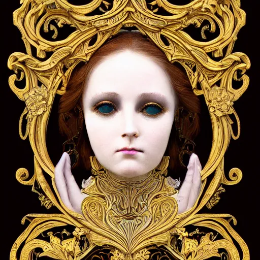 Image similar to a beautiful girl made of ivory and gold, highly intricate, digital art, very detailed, in the style of a weird and dark eerie liminal art nouveau flemish painting, 8k, dark