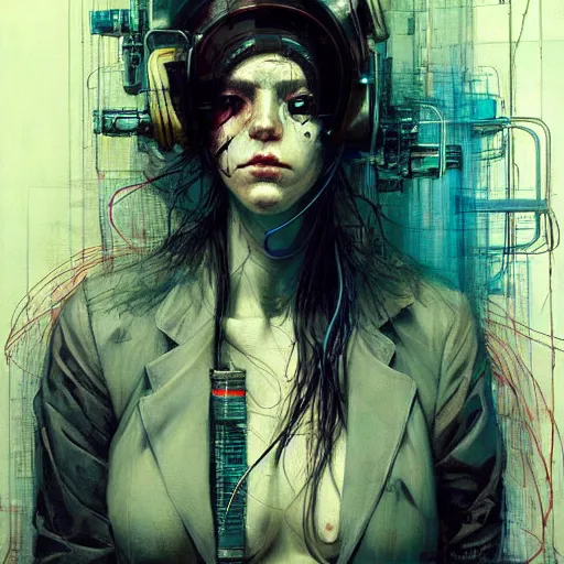Prompt: female cyberpunk hacker dream thief, wires cybernetic implants, in the style of adrian ghenie, esao andrews, jenny saville,, surrealism, dark art by james jean, takato yamamoto