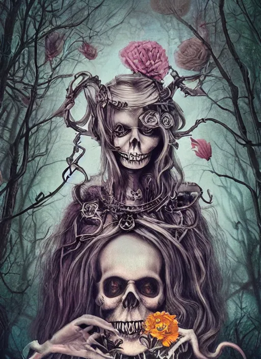 Image similar to alice in wonderland death tarot card, highly detailed, half skull face, cinematic, 8 k, bymegan duncanson, benjamin lacombe, naoto hattori, adrian borda, giger, trending on deviantart, hyper detailed, horror, full of colour