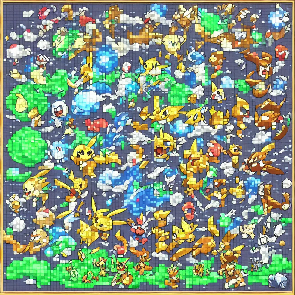 Image similar to pokemon db, pokemon monster inspired by ragnarok online, 1 2 8 bit, 1 0 0 0 x 1 0 0 0 pixel art, 4 k, super detailed, nintendo game, pixelart, high quality, no blur, sharp geometrical squares, concept pixelart