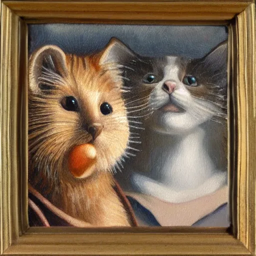 Image similar to detailing portrait oil painting of cat and quokka in the style of grant wood, perfect lighting