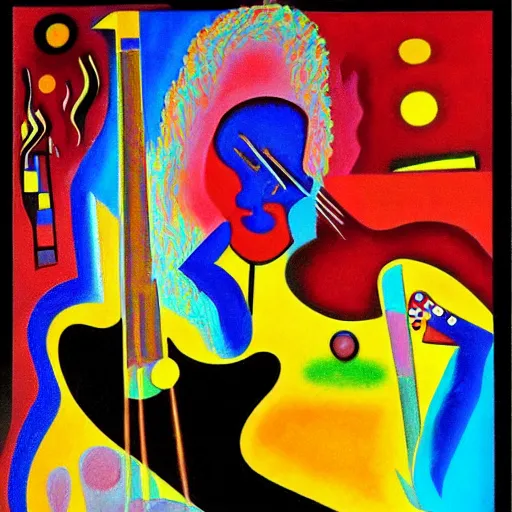 Prompt: a Kandinsky painting, picasso Jerry Garcia guitarist playing so intensely there is electricity shooting out from his guitar, energy beams under his finger tips, and magic sparkles from the freboard, amazing ditial art, trending on artstation, featured on deviantart