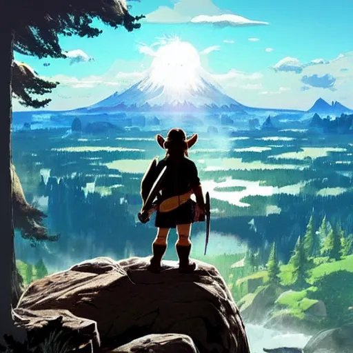 Prompt: a bear wearing a cowboy hat with a bow and arrow standing on a mountaintop looking out over a river landscape, breath of the wild, anime, studio ghibli, beautiful, fine detail, high resolution