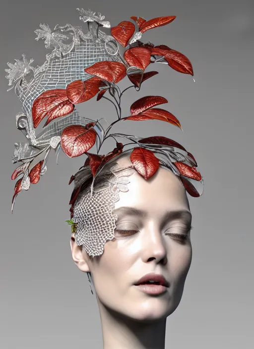 Image similar to complex 3d render ultra detailed of a beautiful porcelain profile woman face, mechanical vegetal cyborg, 150 mm, beautiful studio soft light, spot light, rim light, silver gold red details, luxurious, magnolia big filigran leaves and stems, roots, Alexander Mcqueen haute couture, fine foliage lace, mesh wire, filigran metallic intricate details, hyperrealistic, mandelbrot fractal, anatomical, silver metal armor, facial muscles, cable wires, microchip, elegant, white background, beautiful white teeth, octane render, H.R. Giger style, 8k