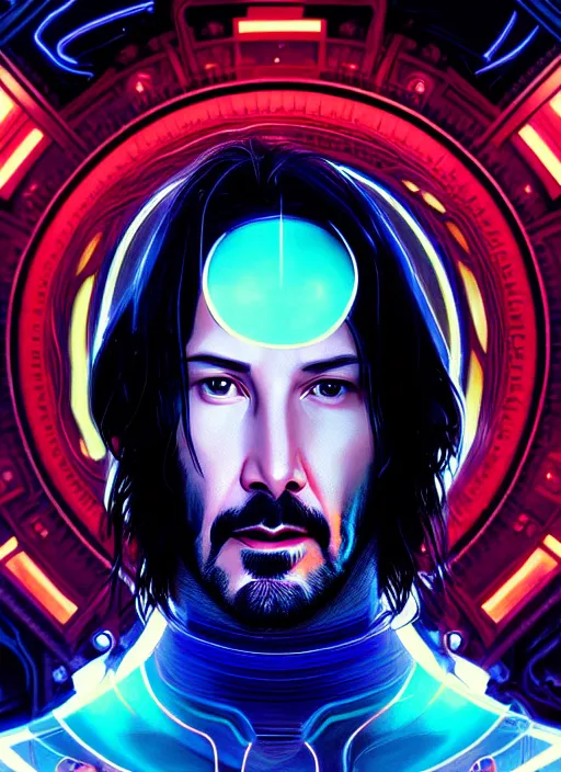 Prompt: symmetry portrait of keanu reeves, sci - fi, tech wear, glowing lights intricate, elegant, highly detailed, digital painting, artstation, concept art, smooth, sharp focus, illustration, art by artgerm and greg rutkowski and alphonse mucha