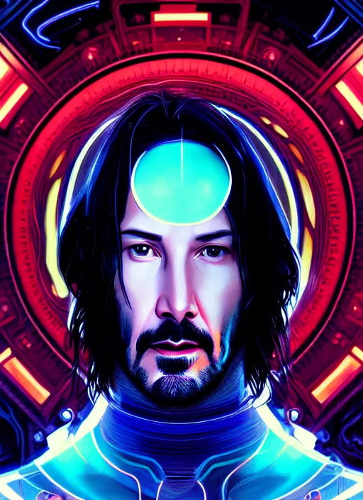 Image similar to symmetry portrait of keanu reeves, sci - fi, tech wear, glowing lights intricate, elegant, highly detailed, digital painting, artstation, concept art, smooth, sharp focus, illustration, art by artgerm and greg rutkowski and alphonse mucha