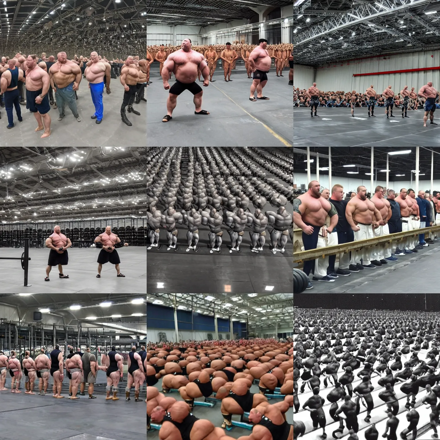 Prompt: cloned burly strongmen in a hangar standing in rows and flexing their muscles