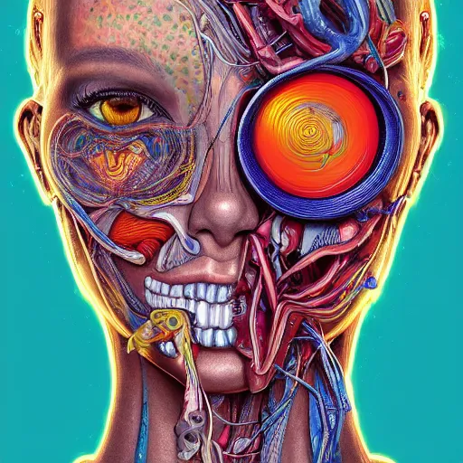 Image similar to the anatomical face of a ridiculously beautiful and pretty woman partially made of onion rings of all colors looking up, an ultrafine detailed illustration by james jean, final fantasy, intricate linework, bright colors, behance contest winner, vanitas, angular, altermodern, unreal engine 5 highly rendered, global illumination, radiant light, detailed and intricate environment