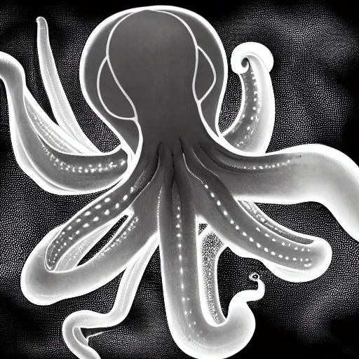 Image similar to an x - ray of an octopus, neon, dark background, underwater