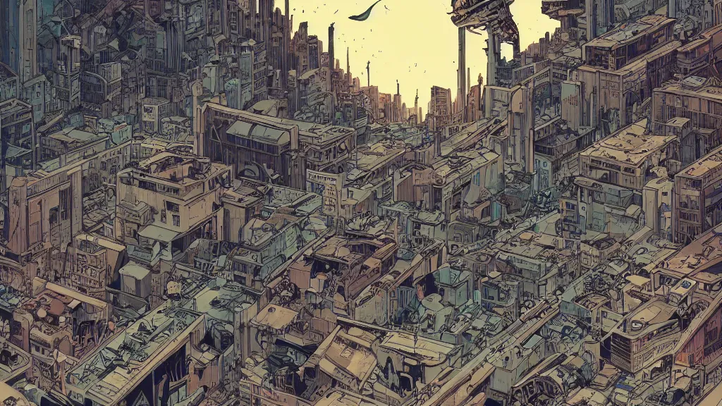 Image similar to very detailed, prophet graphic novel, ilya kuvshinov, mcbess, rutkowski, simon roy, illustration of decrepit abandonned arcologies in dystopian megalopolis ruins with space debris floating in the sky on a dead planet earth, wide shot, colorful, deep shadows, astrophotography