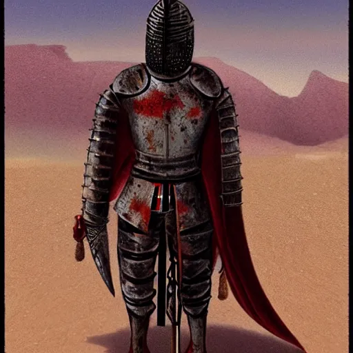 Prompt: lonely knight in desert, praying to god, by Samori Nicola