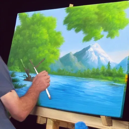 Image similar to a closeup photorealistic photograph of bob ross working on a canvas painting cookie monster. film still. brightly lit scene. mountains and trees. this 4 k hd image is trending on artstation, featured on behance, well - rendered, extra crisp, features intricate detail, epic composition and the style of unreal engine.