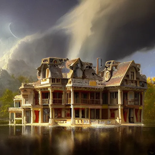 Prompt: a mansion floating in space, concept art, digital art, trending on artstation, nicely detailed, by Albert Bierstadt