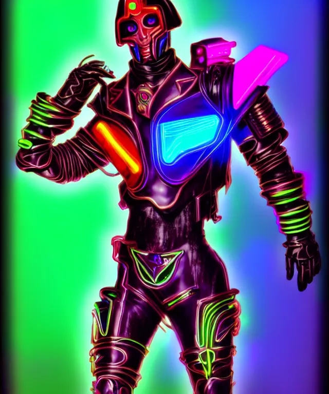 Prompt: max chroma the steampunk synthwave cybergod of color hues with glowing neon armor, fantasy superhero cinematic movie character concept, photorealistic digital painting by max chroma on artstation