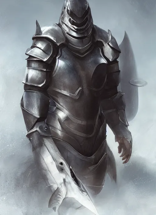 Image similar to digital painting of a human shark wearing knight armor, fantasy, portrait, scifi, realistic, detailed, concept art, ruan jia, wlop
