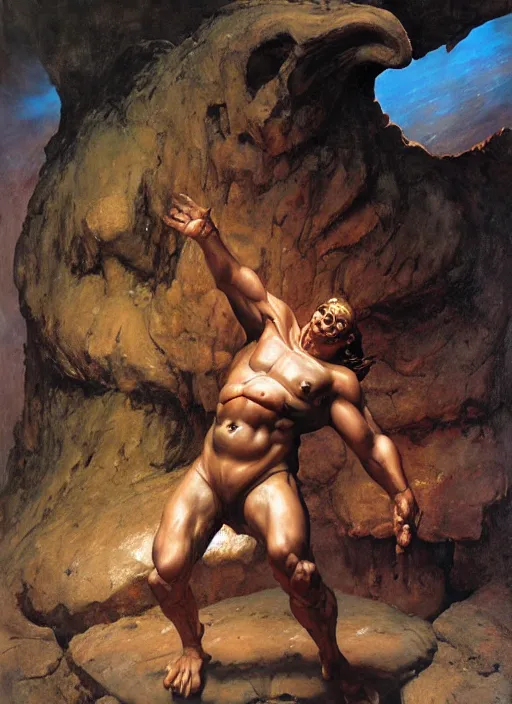 Image similar to full body portrait of a huge, miserable minotaur sitting in a dark cave, by boris vallejo and lawrence alma-tadema and simon bisley and greg manchess and zdzislaw beksinski and norman rockwell