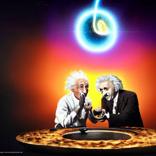 Image similar to Albert Einstein and Salvador Dali eating a Big Mac in front of a black hole, beautiful lighting,digital art , highly detailed , high contrast, beautiful lighting, award winning , trending on art station, 8k, photorealistic,unreal engine 5