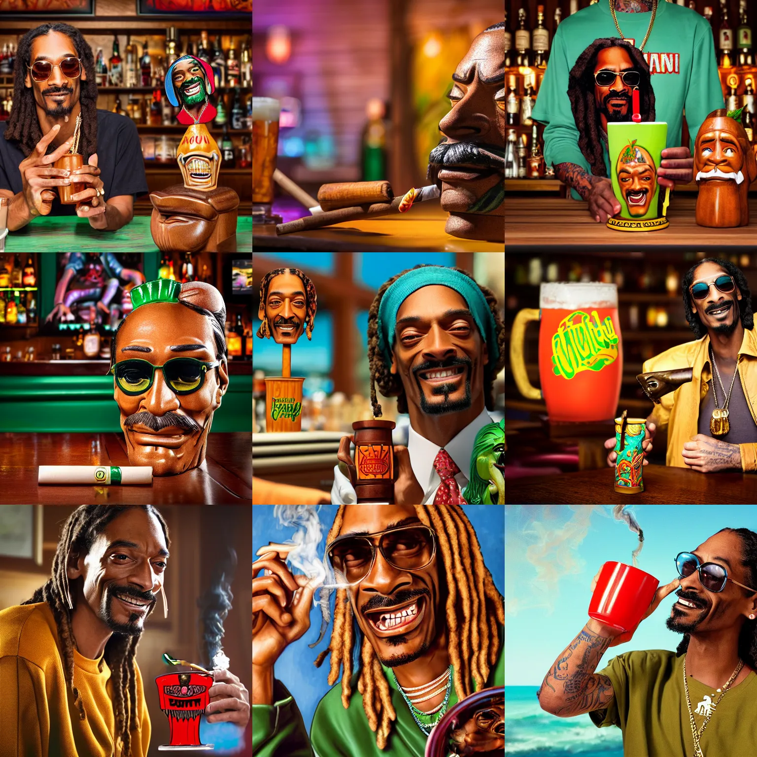 Prompt: a closeup photorealistic photograph of happy blunt smoking snoop dogg at trader vic's bar sitting next to a trader vic's shaped tiki mug featuring snoop dogg's face. tiki culture. bright scene. 4 k hd image that's trending on artstation, featured on behance, well rendered, extra crisp, features epic composition and the style of unreal engine.