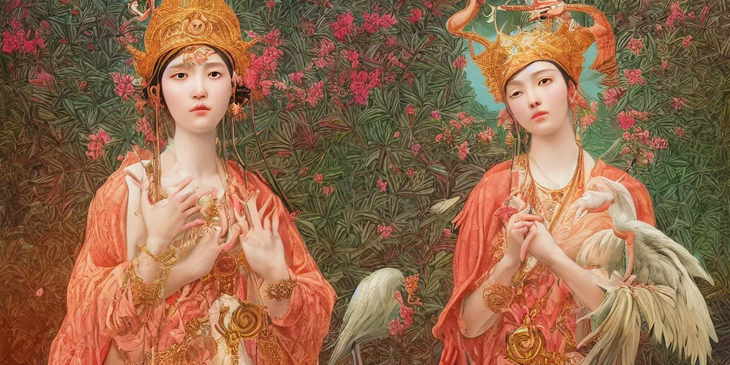 Image similar to breathtaking detailed concept art painting of the goddess of flamingo, orthodox saint, with anxious, piercing eyes, ornate background, amalgamation of leaves and flowers, by Hsiao-Ron Cheng and John James Audubon, extremely moody lighting, 8K