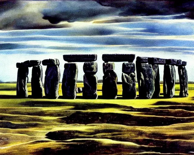 Prompt: painting of Stonehenge by Salvador Dali. several layers of perspective. Many points of view. mind bending illusions of perception