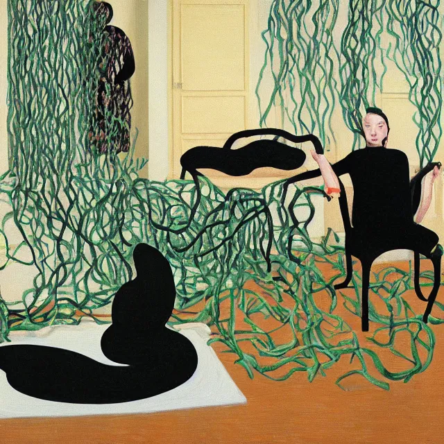 Image similar to a female pathology student in her apartment, wrapped in vines, medical equipment, stepping stones, octopus, fur seal, black walls, ikebana, black armchair, sculpture, acrylic on canvas, surrealist, by magritte and monet