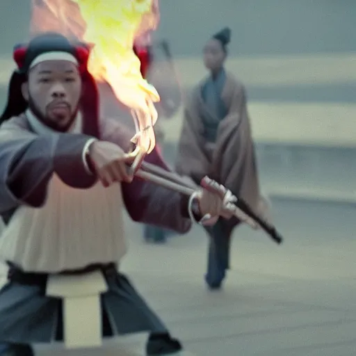 Image similar to cinematic film still of Tory Lanez starring as a Samurai holding fire, Japanese CGI, VFX, 2003, 400mm lens, f1.8, shallow depth of field,film photography