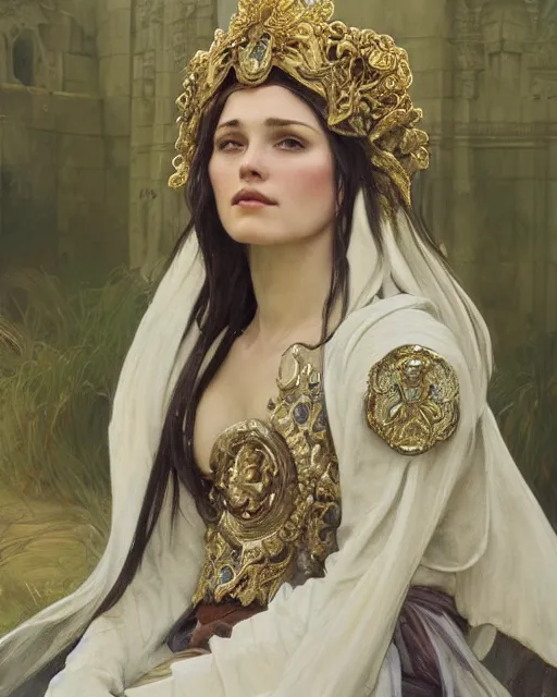 Image similar to a beautiful close up portrait of a female white knight sitting with elegant looks, flowing cape, ornate and flowing, intricate and soft by ruan jia, tom bagshaw, alphonse mucha, krenz cushart, beautiful roman architectural ruins in the background, epic sky, vray render, artstation, deviantart, pinterest, 5 0 0 px models