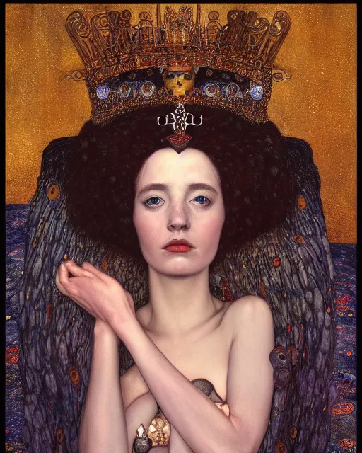 Prompt: full view Symbolic portrait of an ethereal Queen wearing a crown of sorrow sitting on throne by Gerald Brom and Gustav Klimt, detailed and realistic, featured on Artstation, soft lighting, behance