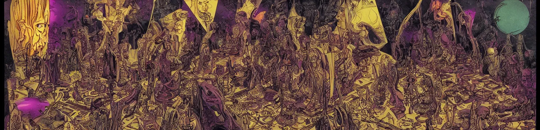 Prompt: chess set, taro deck card king and psychedelic grainshading print by moebius, richard corben, wayne barlowe, cyberpunk comic cover art, psychedelic triangular skeleton, very intricate, thick outline, full body, symmetrical face, long black crown, in a shapes background, galactic dark colors