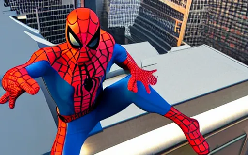 Image similar to spider - man on top of a building in new york watching the sunset, unreal engine 5, render, cg society