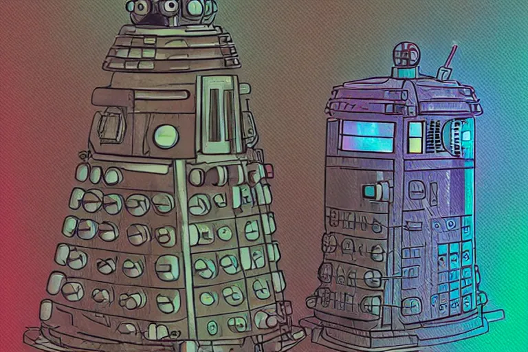 Prompt: daleks!, in the style of john avon and derek riggs and eva widermann, trending on artstation, halfrear lighting closeup view anaglyph filter, bokeh, anime, colored pencil art, belle epoque