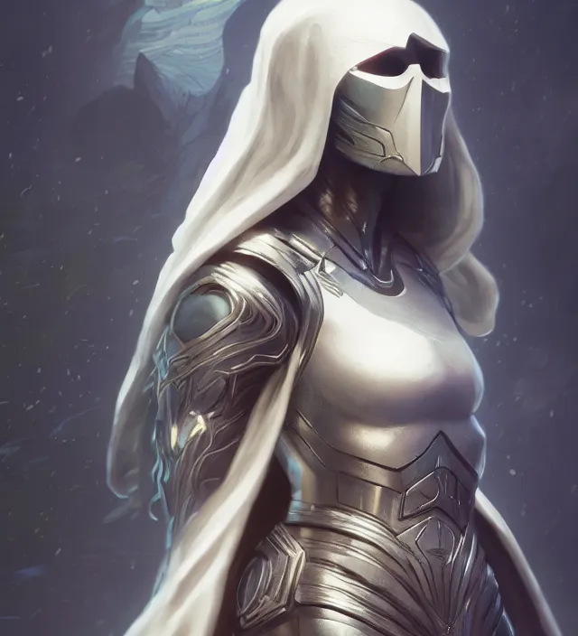 Image similar to female moon knight, hyper detailed, digital art, trending in artstation, cinematic lighting, studio quality, smooth render, unreal engine 5 rendered, octane rendered, art style by klimt and nixeu and ian sprigger and wlop and krenz cushart