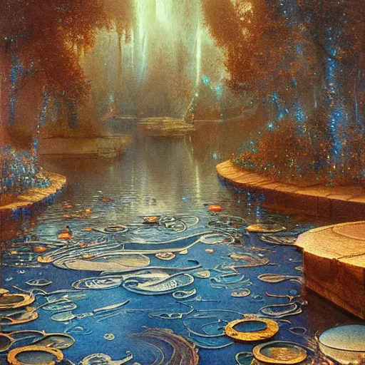 Image similar to A Mystic River, The River Is Full of Lights, Mysticism, Artwork, Watercolor, Cinematic, Exposure, Slit-Scan Photography, 4k, Ultra-HD, Incandescent, Ray Tracing Reflections, insanely detailed and intricate, elegant, ornate, hyper realistic, super detailed by Dorothea Tanning, by Bruce Pennington