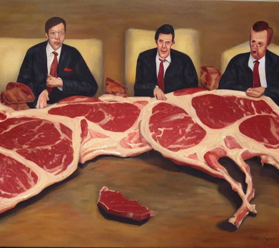 Image similar to oil painting of couch made out of meat, business men sitting and talking,