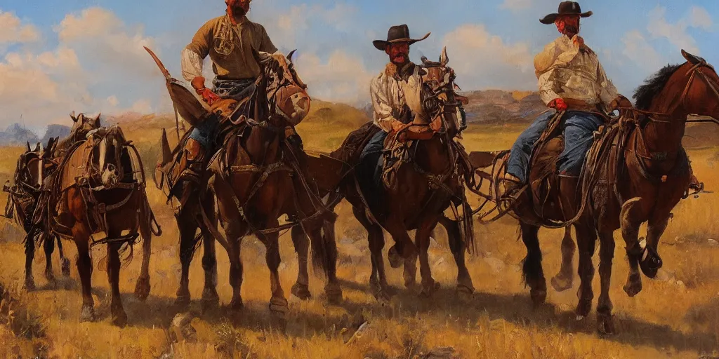 Prompt: oil painting portrait of warrior-cowboy pushing a wagon in an old west mountain town, in the style of Fredrick Remington