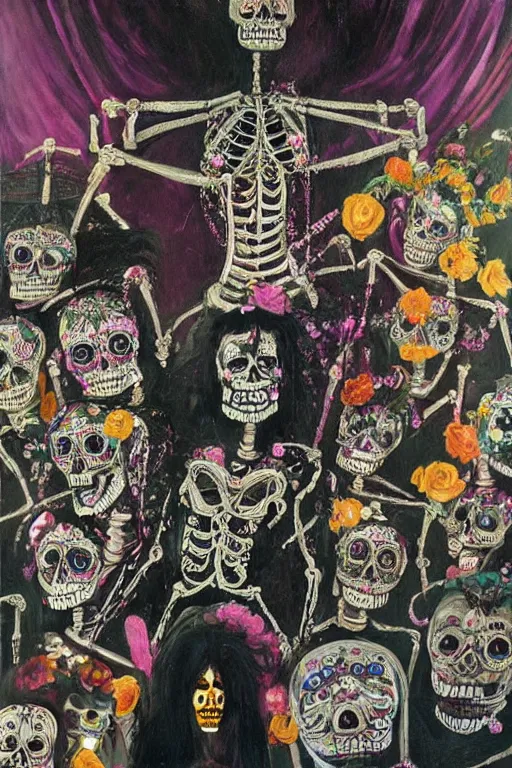 Prompt: scene from wedding, day of the dead, cyber skeletons, queen in black silk in the center, neon painting by otto dix