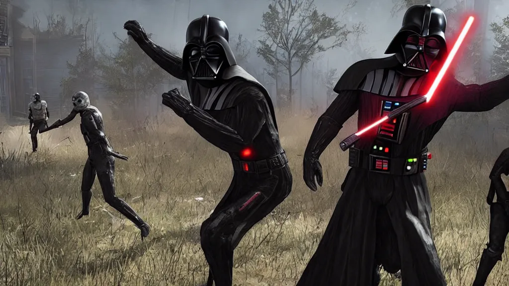 Prompt: Screenshot of Darth Vader chasing survivors in Dead By Daylight game