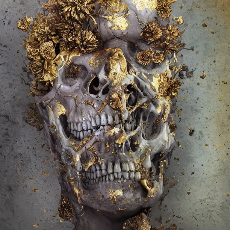 Image similar to A beautiful oil painting hyperrealism of a rotting zombie king made of marble stone, gold throne , grey beard, skull bones flowers, 8k resolution, octane render, Trending on artstation, by Gediminas Pranckevicius, volumetric light 2blue fractal Thunder glow by dan mumford, anaglyph effect, Laurie Lipton