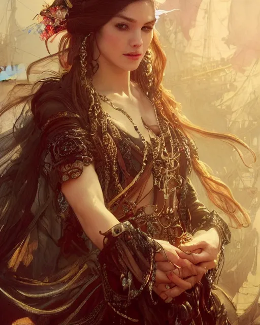 Image similar to a beautiful close up portrait of a pirate sitting with elegant looks, leather clothing, ornate costume and flowing magic all around, intricate and soft by ruan jia, tom bagshaw, alphonse mucha, krenz cushart, beautiful pirate ruins in the background, epic sky, vray render, artstation, deviantart, pinterest, 5 0 0 px models