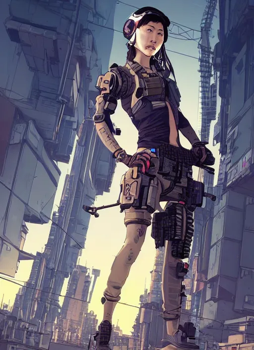 Prompt: Dangerous Mio. beautiful female Japanese cyberpunk mercenary wearing a cyberpunk tactical headset and military vest. Attractive face. Realistic Proportions. Concept art by James Gurney and Laurie Greasley. Moody Industrial skyline. ArtstationHQ. Creative character design for cyberpunk 2077.