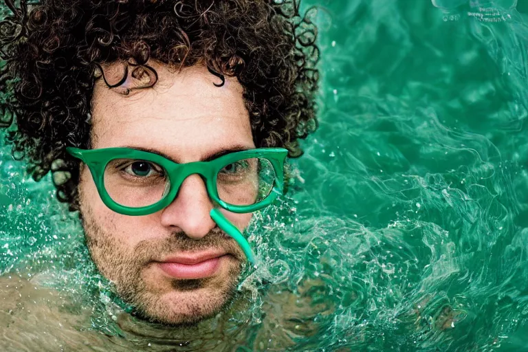 Prompt: closeup potrait of a man with curly hair and round glasses swimming in green radioactive water in amsterdam, photograph, natural light, sharp, detailed face, magazine, press, photo, steve mccurry, david lazar, canon, nikon, focus