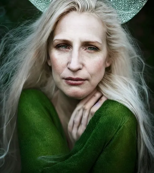 Prompt: hd portrait of a 3 2 - year old woman with an ethereal, whimsical, fey aesthetic. dirty blonde hair. green clothes. silver jewelry. a modern - day witch and enchantress of the acanthus path. portrait photography by annie leibovitz.