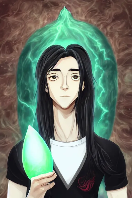 Image similar to portrait of elven teenage boy mage with long black hair holding dragon egg digital painting modern fantasy webtoon manhwa