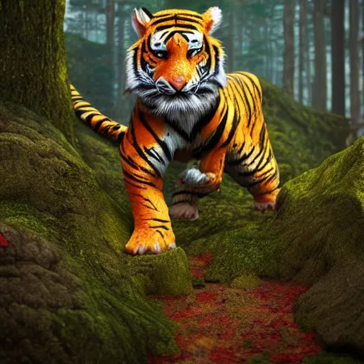 Prompt: fantasy tiger in a forest, landscape, highly detailed, sharp focus, octane render, illustration, 8k, trending on Artstation